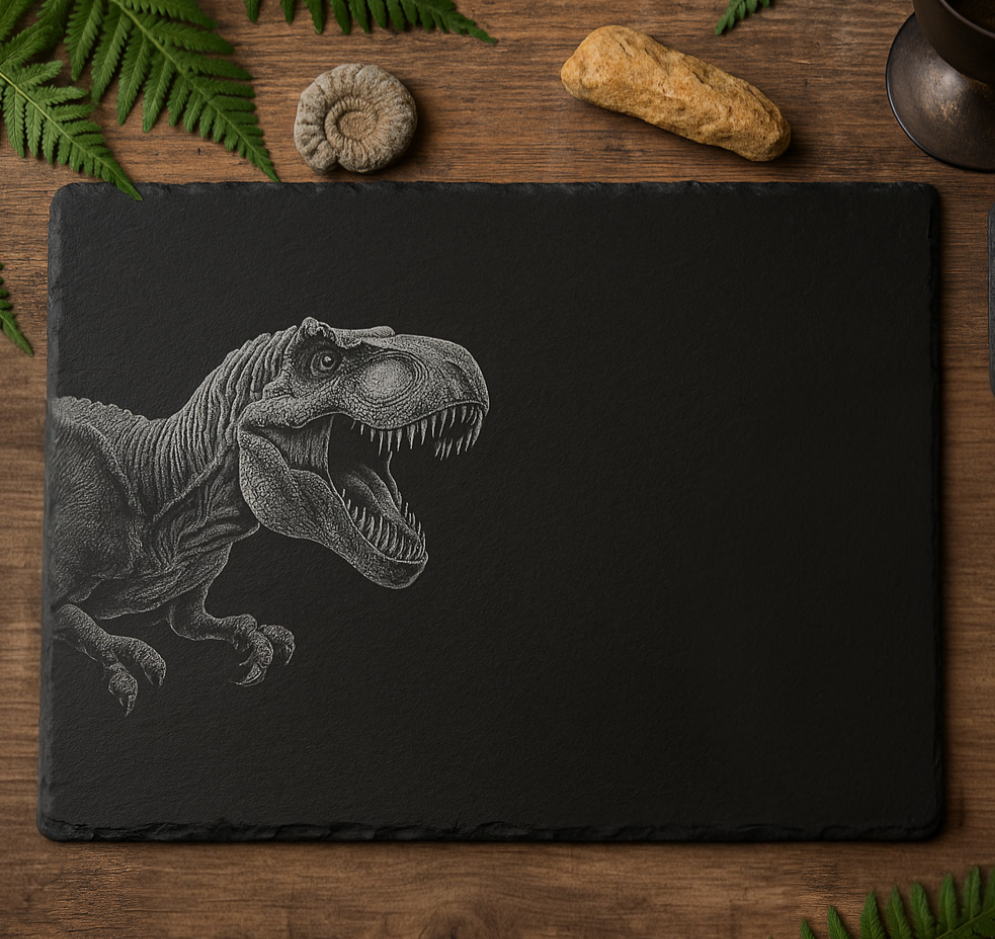 Laser Engraved Slate Placemat & Coaster – T-Rex Design