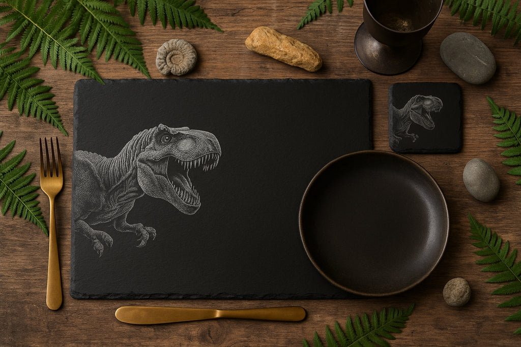 Laser Engraved Slate Placemat & Coaster – T-Rex Design