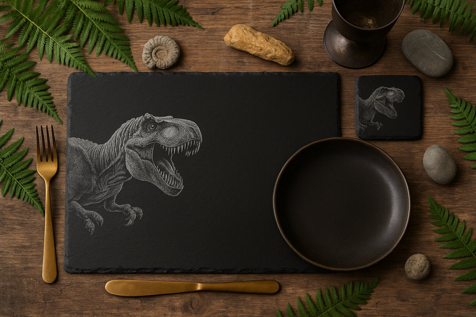 Laser Engraved Slate Placemat & Coaster – T-Rex Design
