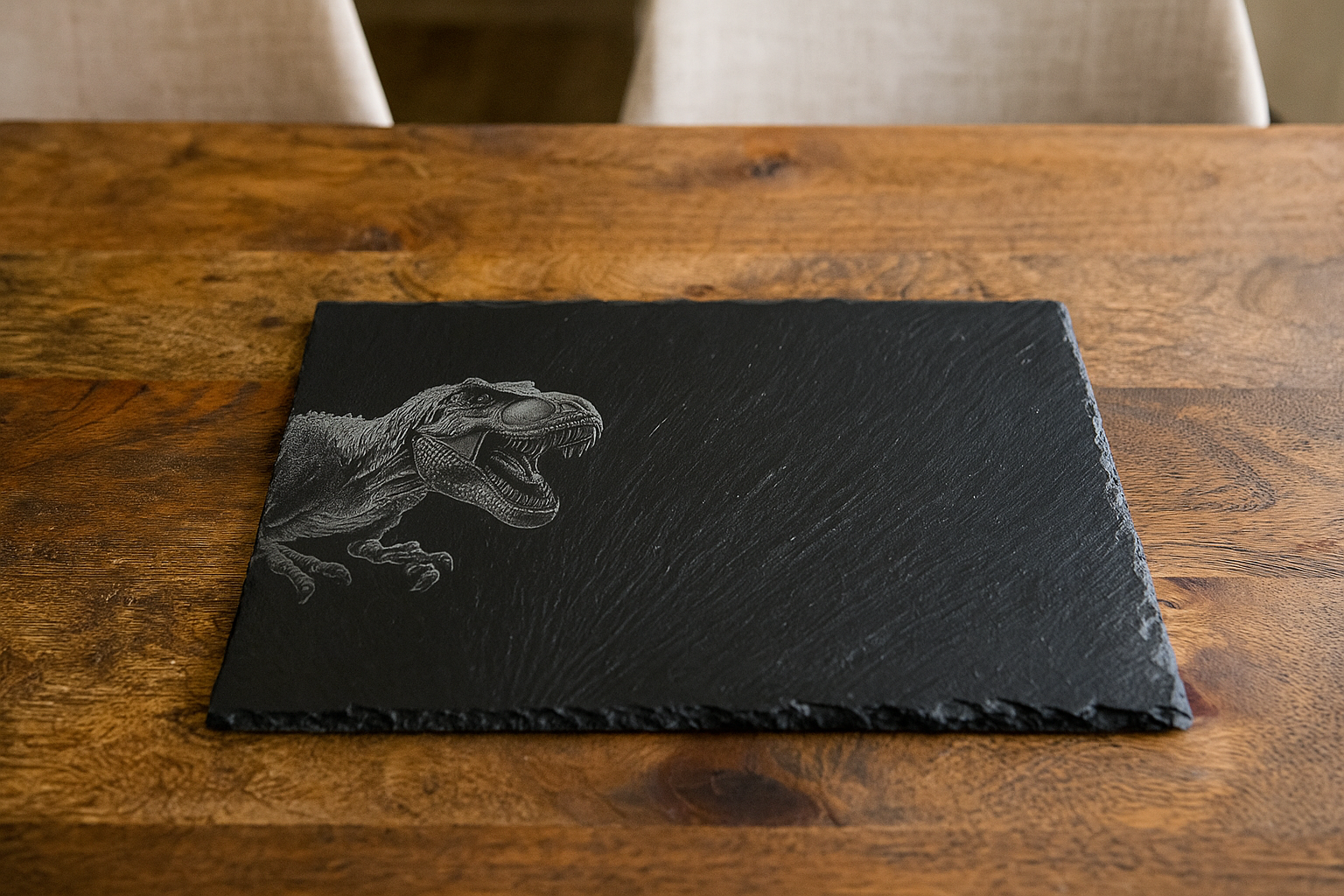 Laser Engraved Slate Placemat & Coaster – T-Rex Design