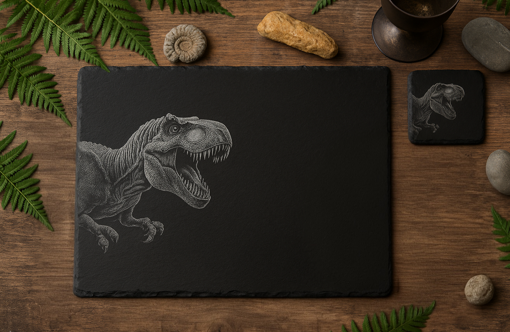 Laser Engraved Slate Placemat & Coaster – T-Rex Design