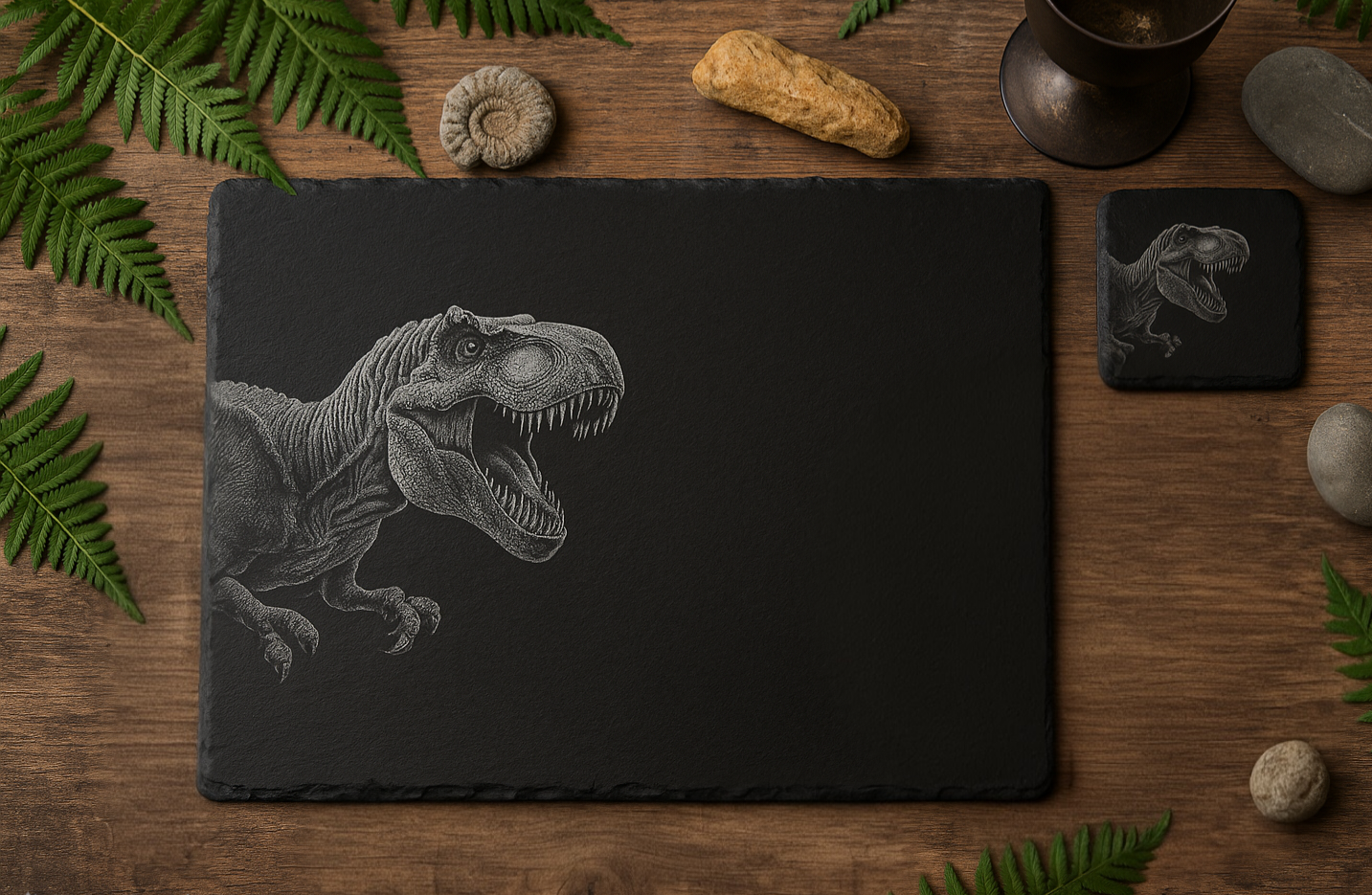 Laser Engraved Slate Placemat & Coaster – T-Rex Design