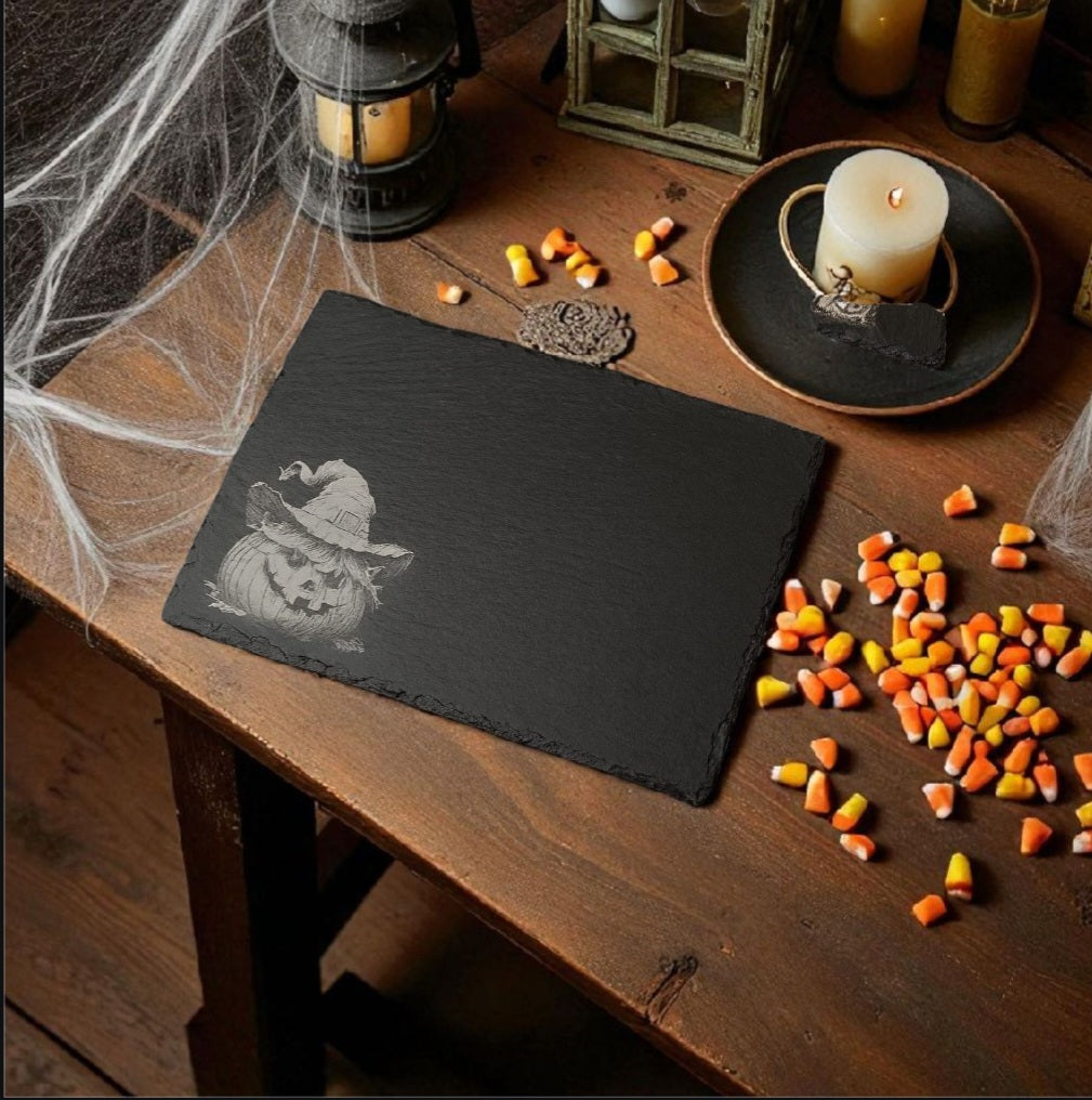 Laser Engraved Slate Placemat & Coaster – Halloween Pumpkin design