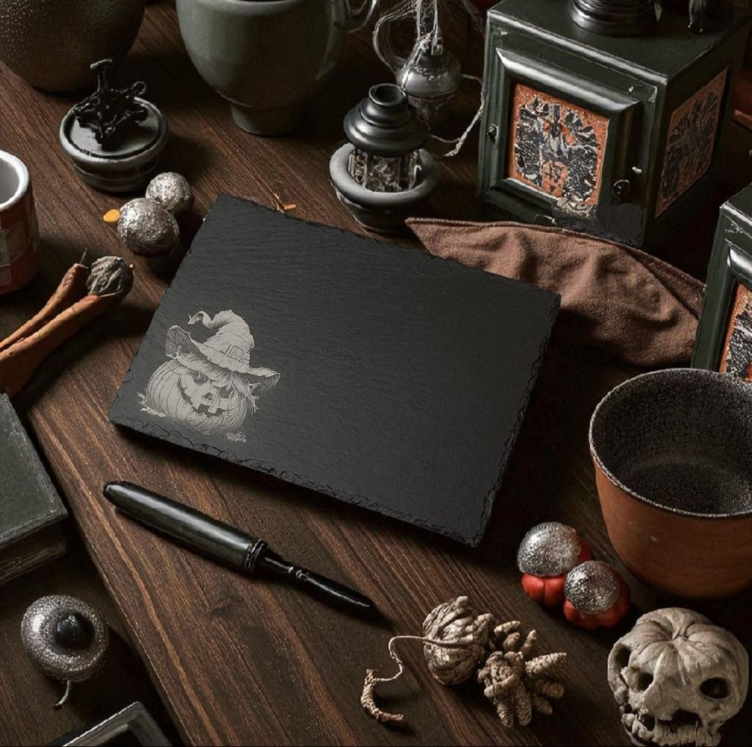 Laser Engraved Slate Placemat & Coaster – Halloween Pumpkin design